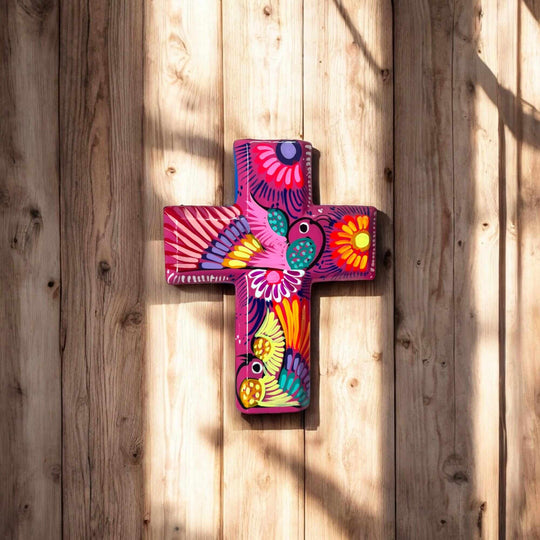 Guerrero Hand-Painted Cross Wall Art | Colorful Mexican Décor - vibrant hand-painted Talavera-style cross on wooden wall, kiln-fired lead-free glaze