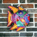 Guerrero Fish Wall Decor | Colorful Hand-Painted Mexican Art - hand-painted Talavera fish with tropical florals and whimsical bird, kiln-fired lead-free glaze
