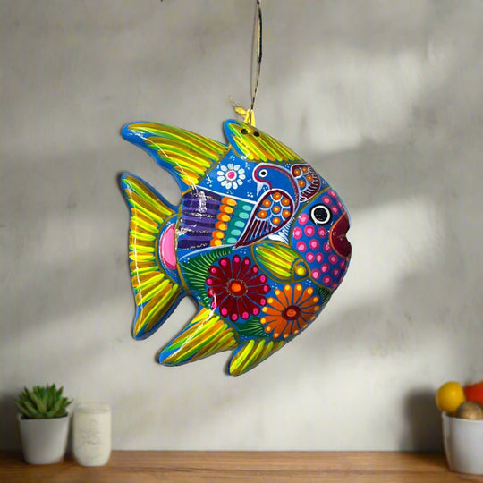 Guerrero Fish Wall Decor | Colorful Hand-Painted Mexican Art - vibrant hand-painted Talavera fish with floral and bird motifs, kiln-fired, lead-free glaze