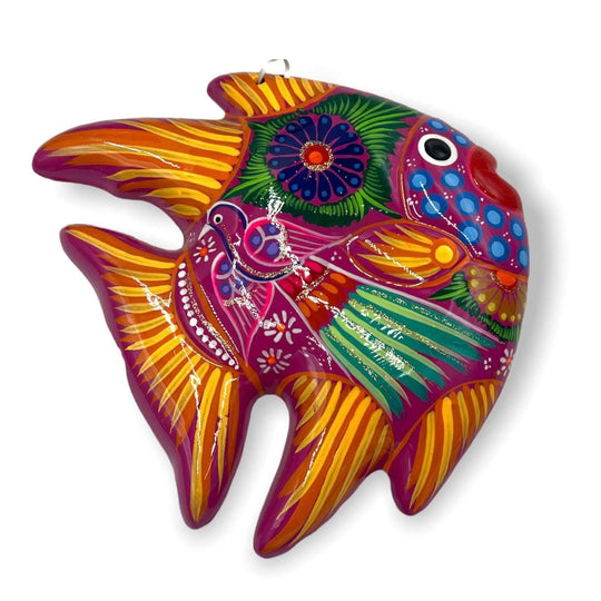 Guerrero Fish Wall Decor | Colorful Hand-Painted Mexican Art - bright hand-painted Talavera-style fish with floral and bird motifs