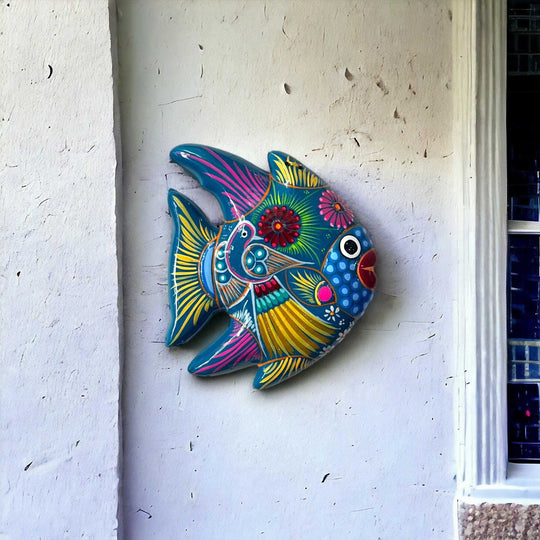 Guerrero Fish Wall Decor | Colorful Hand-Painted Mexican Art - bright hand-painted Talavera fish with floral motifs, kiln-fired, lead-free glaze, Guanajuato