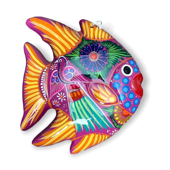 Guerrero Fish Wall Decor | Colorful Hand-Painted Mexican Art - vibrant hand-painted Talavera fish with floral patterns and whimsical bird design
