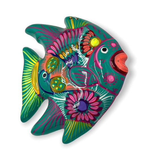 Guerrero Fish Wall Decor | Colorful Hand-Painted Mexican Art — hand-painted Talavera fish with tropical floral designs and whimsical bird motif