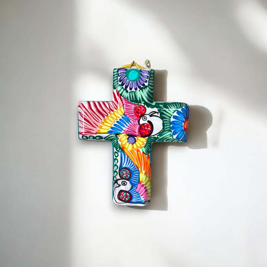 Guerrero Hand-Painted Cross Wall Art | Colorful Mexican Décor - vibrant hand-painted Talavera cross from Guanajuato, kiln-fired lead-free glaze