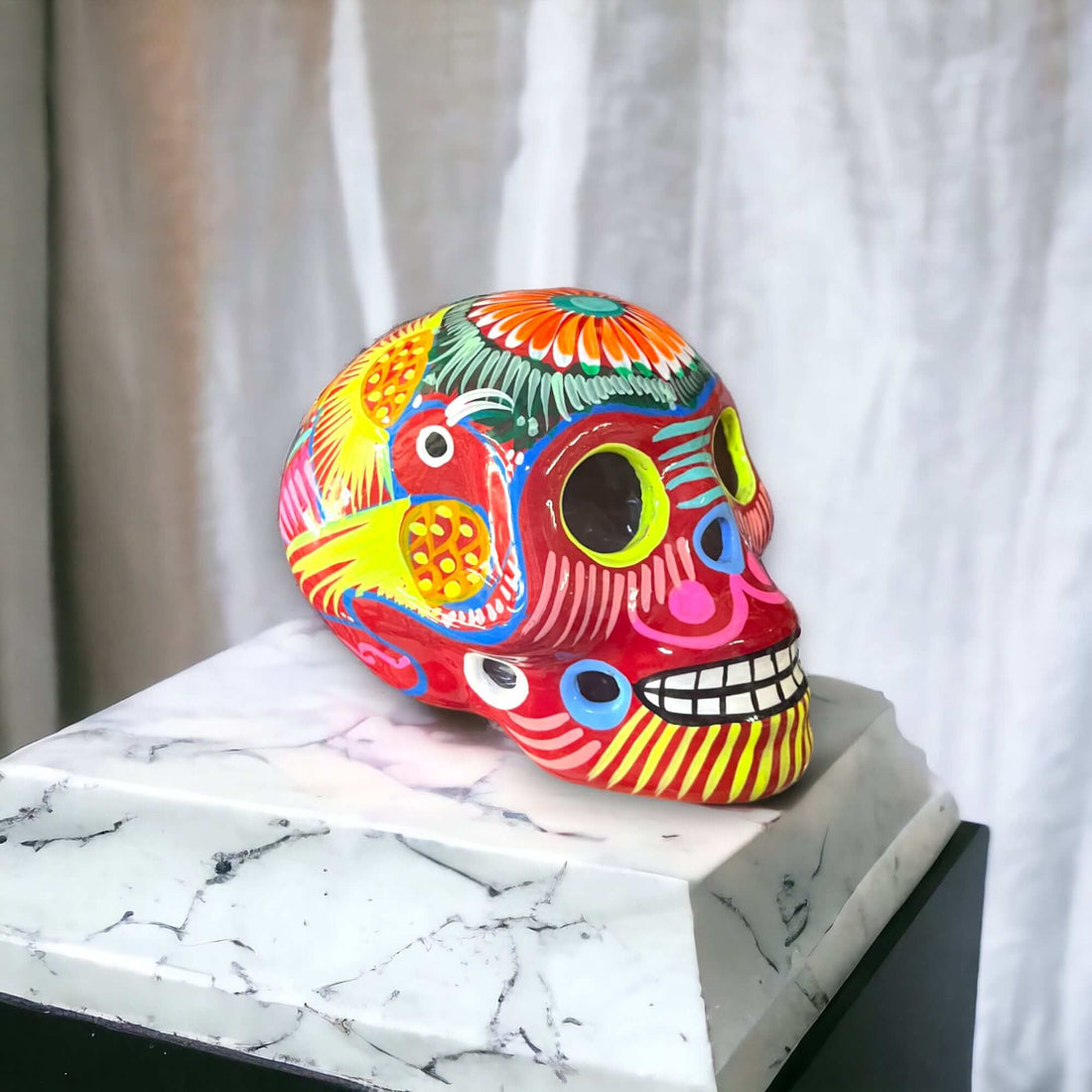 Guerrero Calavera Skull | Large Hand-Painted Day of the Dead Art - vibrant hand-painted Guerrero pottery skull from Guanajuato, kiln-fired, lead-free glaze