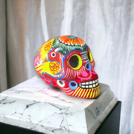 Guerrero Calavera Skull | Large Hand-Painted Day of the Dead Art - vibrant hand-painted Guerrero pottery skull from Guanajuato, kiln-fired, lead-free glaze