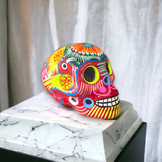 Guerrero Calavera Skull | Large Hand-Painted Day of the Dead Art - vibrant hand-painted Guerrero pottery skull from Guanajuato, kiln-fired, lead-free glaze