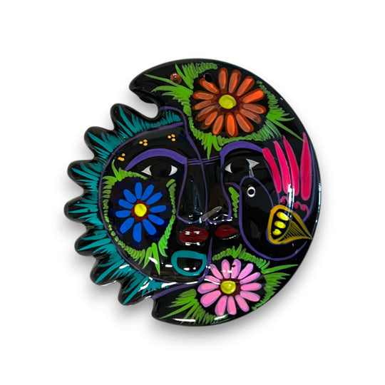 Guerrero Sun Moon Wall Art | Hand-Painted Mexican Eclipse Decor - hand-painted talavera-style sun and moon with florals and tropical bird on black background