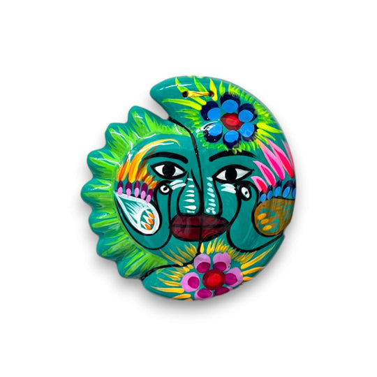 Guerrero Sun Moon Wall Art | Hand-Painted Mexican Eclipse Decor - vibrant hand-painted Talavera sun and moon with florals and tropical bird on deep teal background
