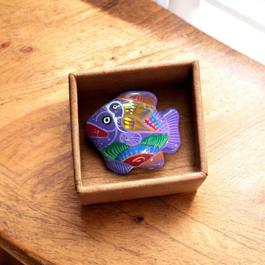 Guerrero Fish Jewelry Box | Handmade Ceramic Earring Organizer hand-painted purple fish earring holder in a brown gift box, Mexican Talavera style