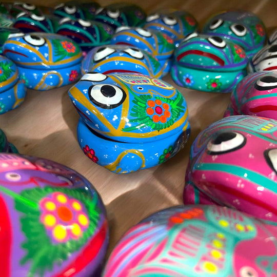 Guerrero Frog Jewelry Box | Handmade Mexican Ceramic Trinket Holder - hand-painted blue frog trinket box from Guerrero, Mexico