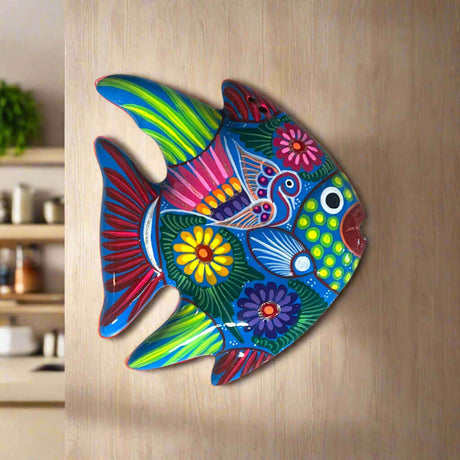 Guerrero Fish Wall Decor | Colorful Hand-Painted Mexican Art — hand-painted Talavera-style tropical fish with floral motifs and whimsical bird, kiln-fired, lead-free glaze