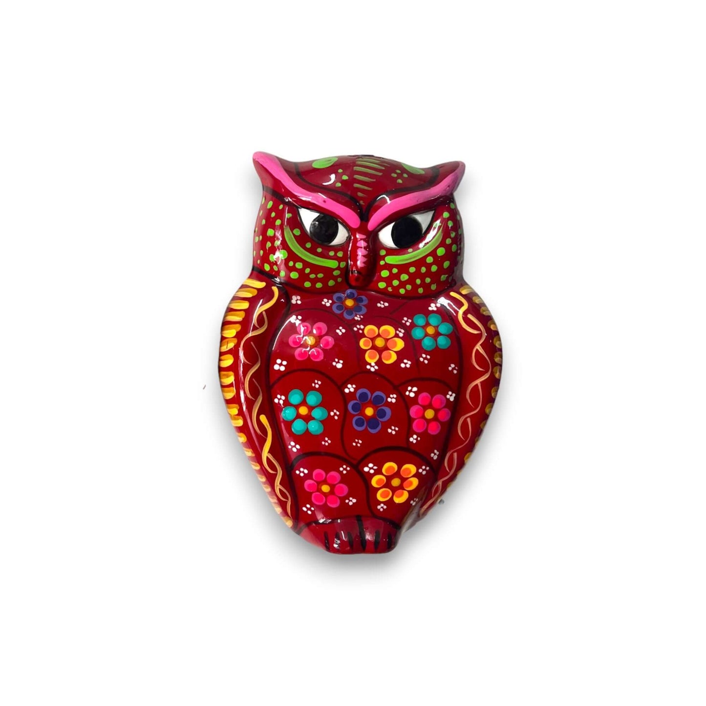 Guerrero Owl Wall Hanging | Colorful Mexican Ceramic Art Piece - hand-painted fiery orange talavera owl with floral motifs, kiln-fired lead-free glaze