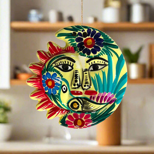 Guerrero Sun Moon Wall Art | Hand-Painted Mexican Eclipse Decor - hand-painted talavera sun and moon with vivid florals and tropical bird