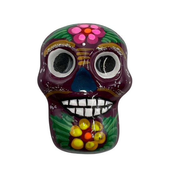 Guerrero Pottery Magnets | Assorted Mexican Fridge Magnets hand-painted purple Day of the Dead skull magnet with floral designs