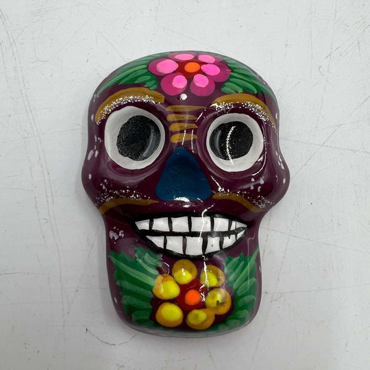 Guerrero Pottery Magnets | Assorted Mexican Fridge Magnets hand-painted purple Day of the Dead skull magnet with floral designs