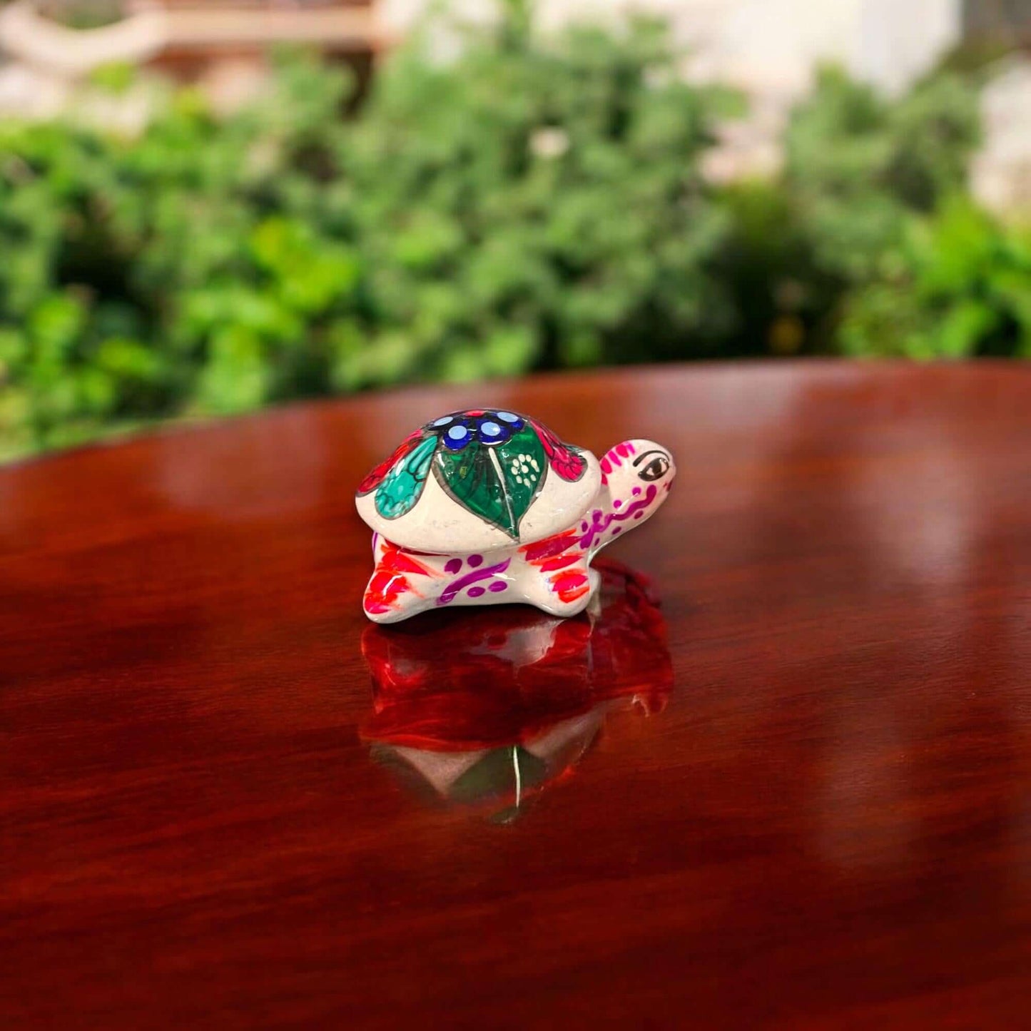 Guerrero Turtle Jewelry Box | Colorful Hand-Painted Ceramic Gift - small hand-painted Guerrero turtle jewelry box on wooden table