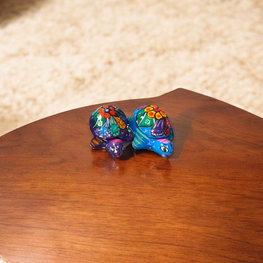 Guerrero Turtle Jewelry Box | Colorful Hand-Painted Ceramic Gift - pair of vibrant hand-painted Guerrero turtle jewelry boxes on wood surface