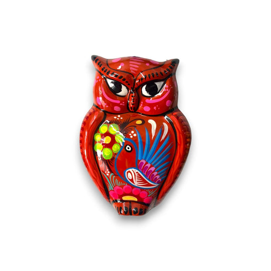 Guerrero Owl Wall Hanging | Colorful Mexican Ceramic Art Piece — hand-painted fiery orange Talavera owl with floral and bird motifs