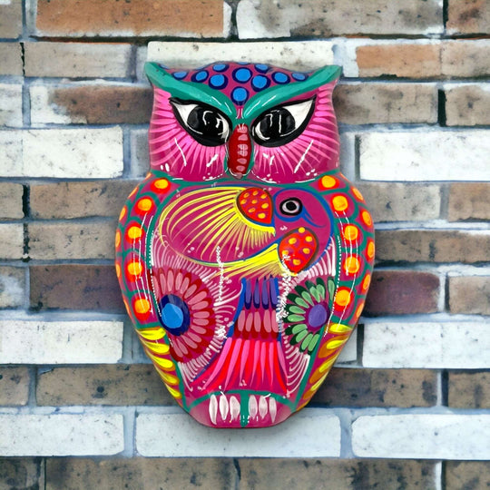 Guerrero Owl Wall Hanging | Colorful Mexican Ceramic Art Piece - hand-painted fiery orange Talavera owl with floral and bird motifs, kiln-fired lead-free glaze