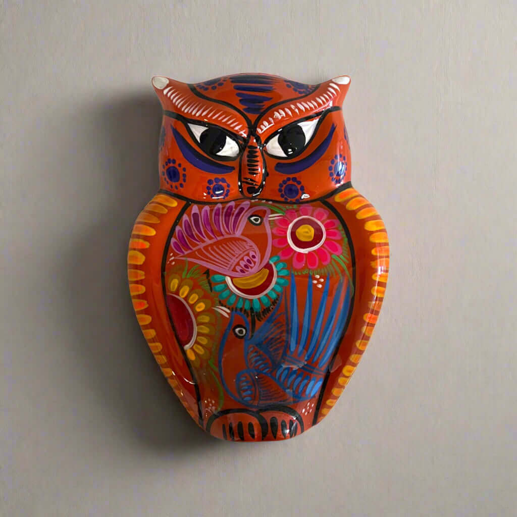 Guerrero Owl Wall Hanging | Colorful Mexican Ceramic Art Piece — hand-painted orange Talavera owl with flowers and birds, kiln-fired, lead-free glaze