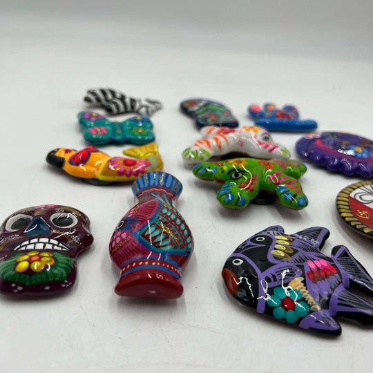 Guerrero Pottery Magnets | Assorted Mexican Fridge Magnets hand-painted assorted animal and skull refrigerator magnets from Guanajuato workshop