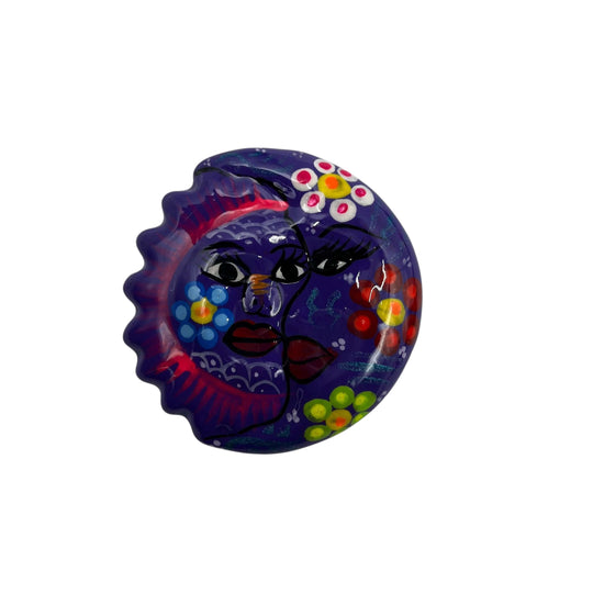 Guerrero Pottery Magnets | Assorted Mexican Fridge Magnets - hand-painted purple moon and sun ceramic fridge magnet with floral accents