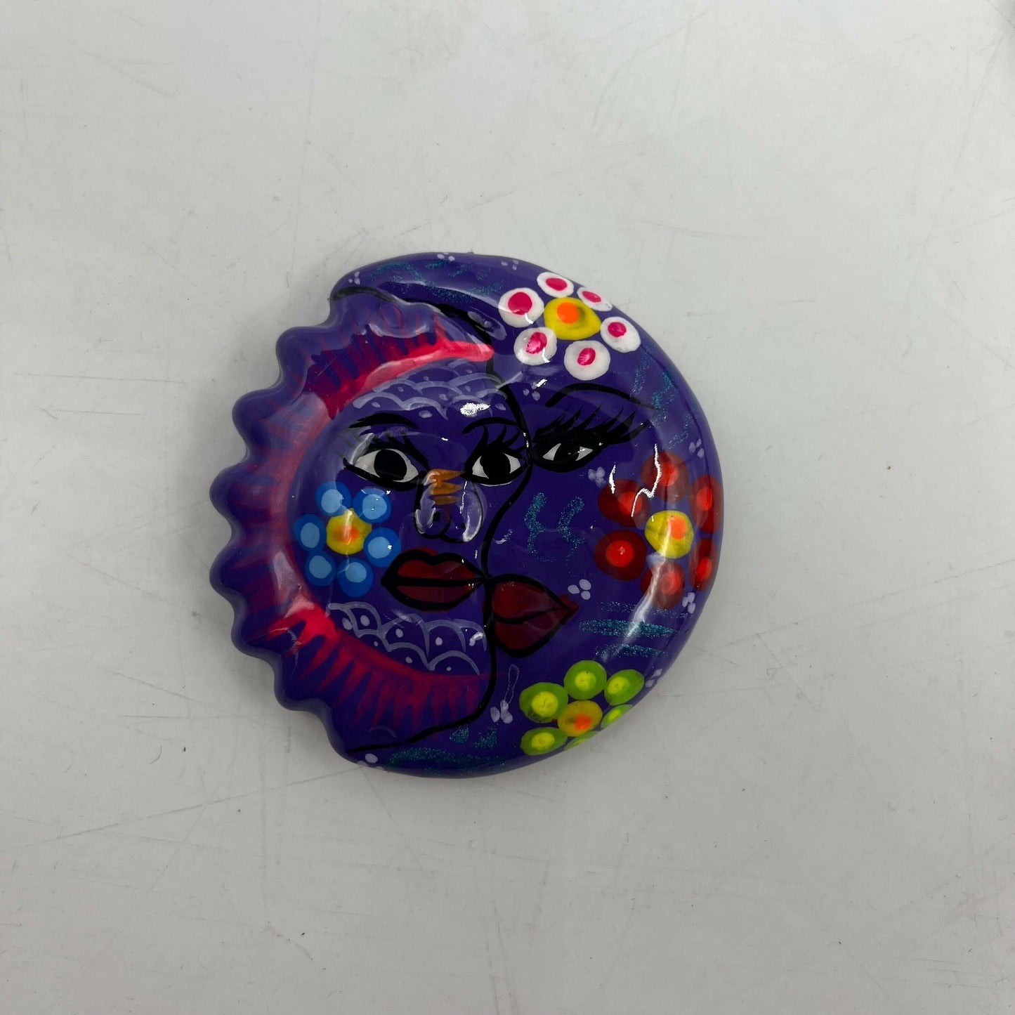 Guerrero Pottery Magnets | Assorted Mexican Fridge Magnets - hand-painted purple moon and sun ceramic fridge magnet with floral accents
