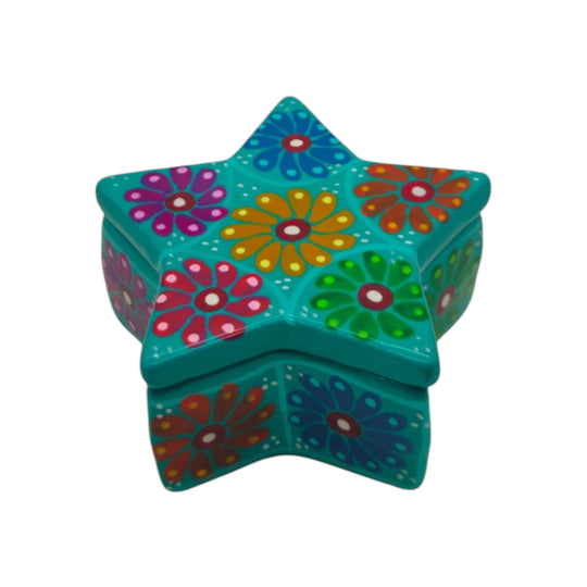 Guerrero Star Jewelry Box | Mexican Ceramic Art, vibrant hand-painted star-shaped jewelry box with floral designs.