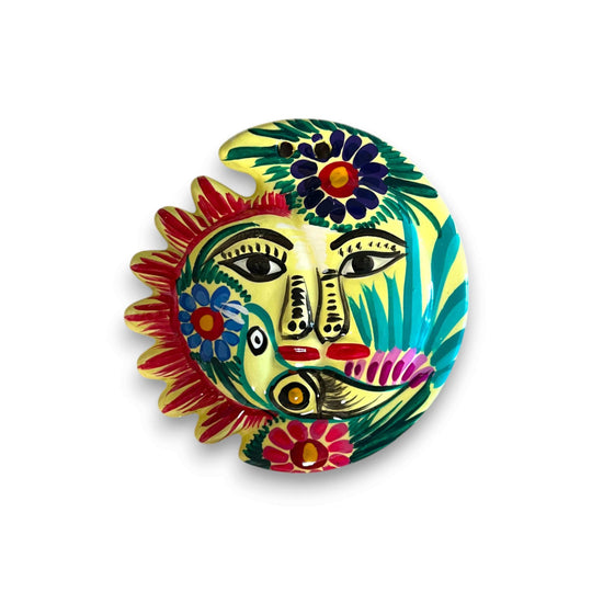 Guerrero Sun Moon Wall Art | Hand-Painted Mexican Eclipse Decor - vibrant hand-painted sun and moon ceramic with florals and tropical bird
