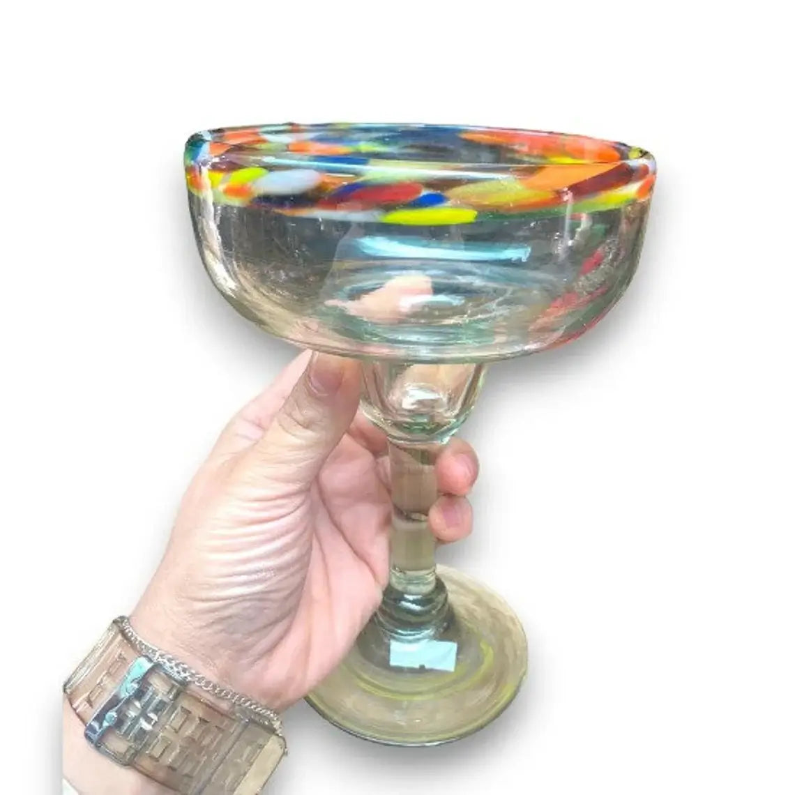 Hand-Blown Colorful Margarita Glass | Confetti Rim — Hand-blown lead-free glass margarita with festive confetti rim, made in Guanajuato