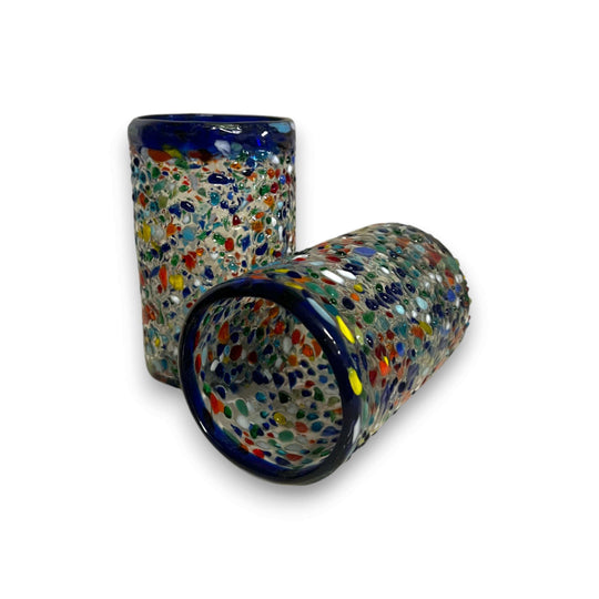Confetti Pebbled Glass | Blue Rim Hand-Blown Mexican Tumbler - hand-blown lead-free festive tumbler with confetti pebbled design and rich blue rim