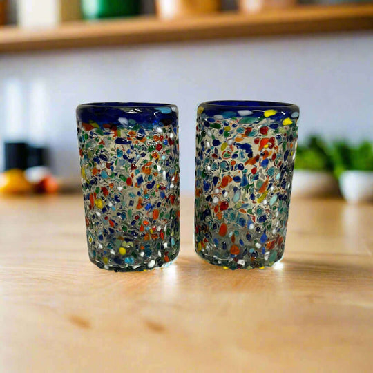 Confetti Pebbled Glass | Blue Rim Hand-Blown Mexican Tumbler - pair of colorful hand-blown lead-free glass tumblers with blue rim and confetti pebbled design
