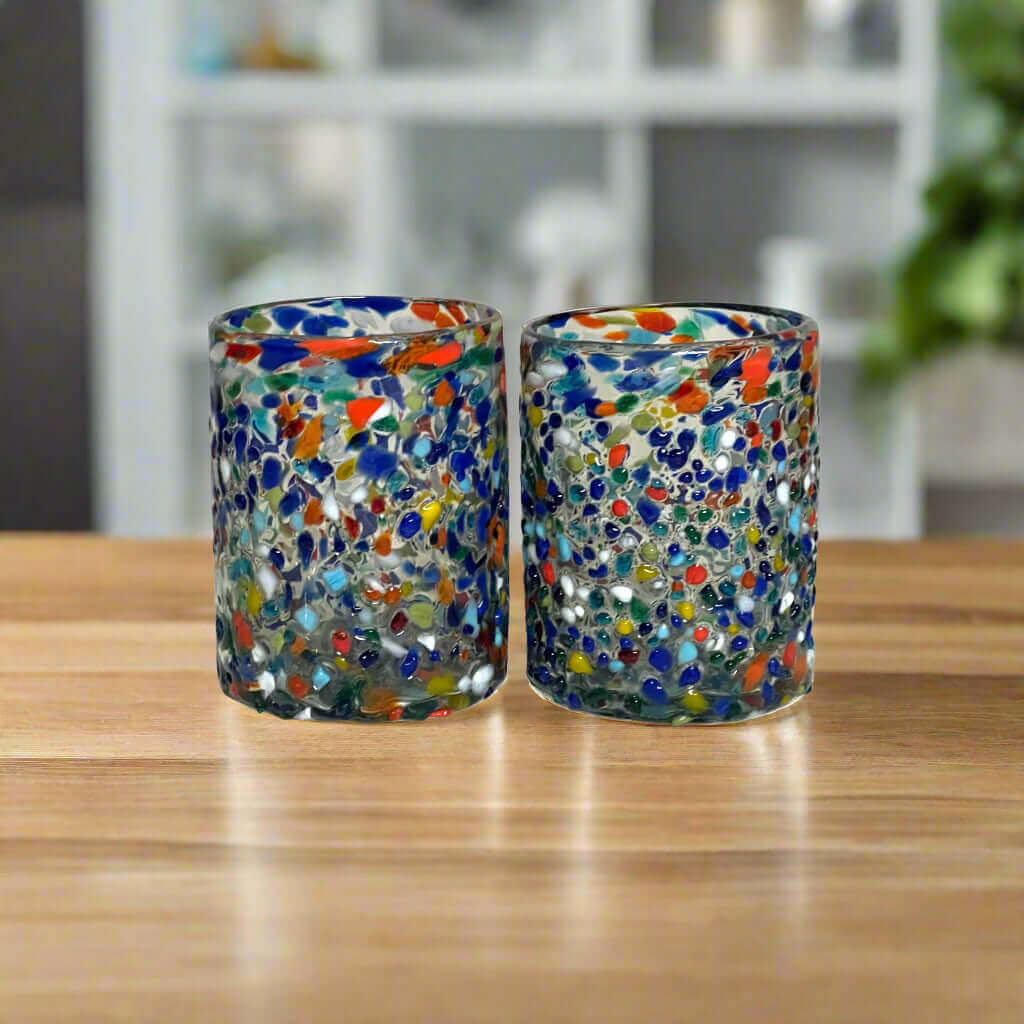 Confetti Pebbled Tumbler | Hand-Blown Mexican Glassware - Pair of hand-blown pebbled glass tumblers with blue, orange, green and white confetti