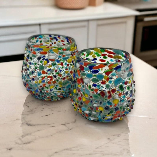 Hand Blown Confetti Rock Stemless Wine Glasses | Pebbled Design