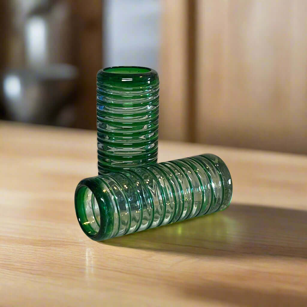 Mexican Double Shot Glass | Hand-Blown Green Swirl Barware - hand-blown green ribbed double shot glass from Guanajuato, vintage-modern barware