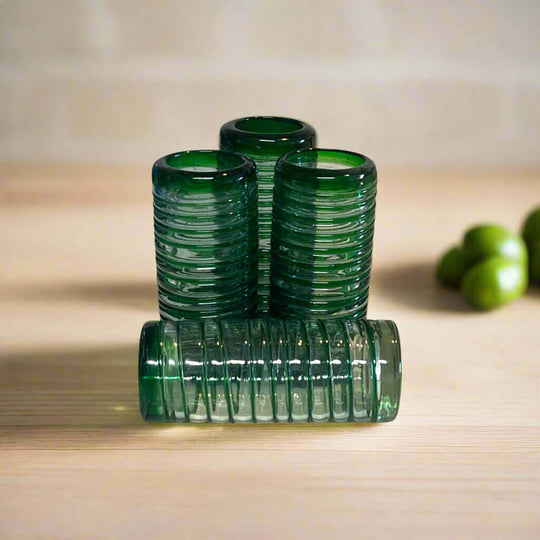 Mexican Double Shot Glass | Hand-Blown Green Swirl Barware - set of ribbed hand-blown green double shot glasses, vintage-modern barware from Guanajuato, Mexico