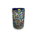 Confetti Pebbled Glass | Blue Rim Hand-Blown Mexican Tumbler - festive hand-blown lead-free glass tumbler with colorful confetti pebbled design and blue rim