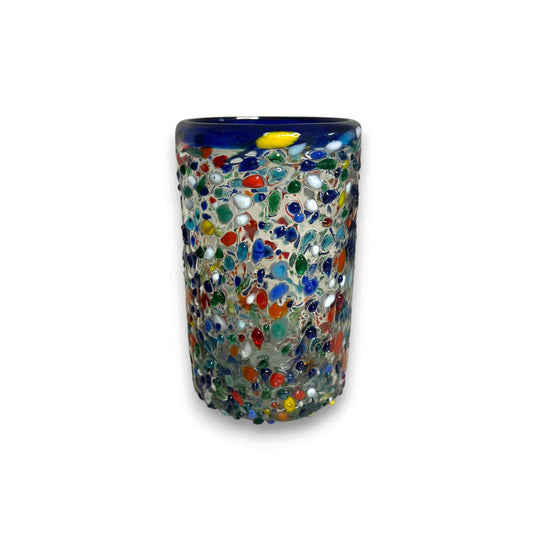 Confetti Pebbled Glass | Blue Rim Hand-Blown Mexican Tumbler - festive hand-blown lead-free glass tumbler with colorful confetti pebbled design and blue rim
