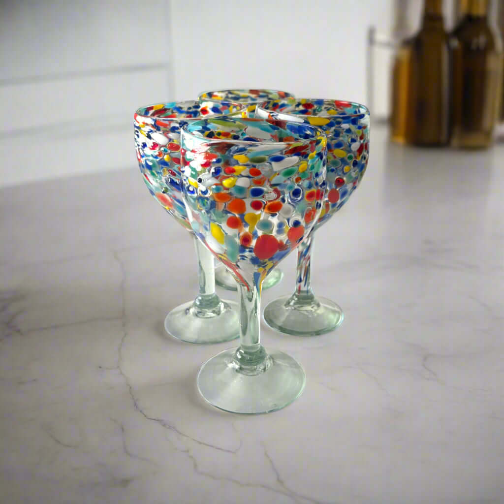 Mexican Confetti Rock Wine Glass | Hand-Blown Confetti Design - hand-blown colorful confetti rock wine glass set