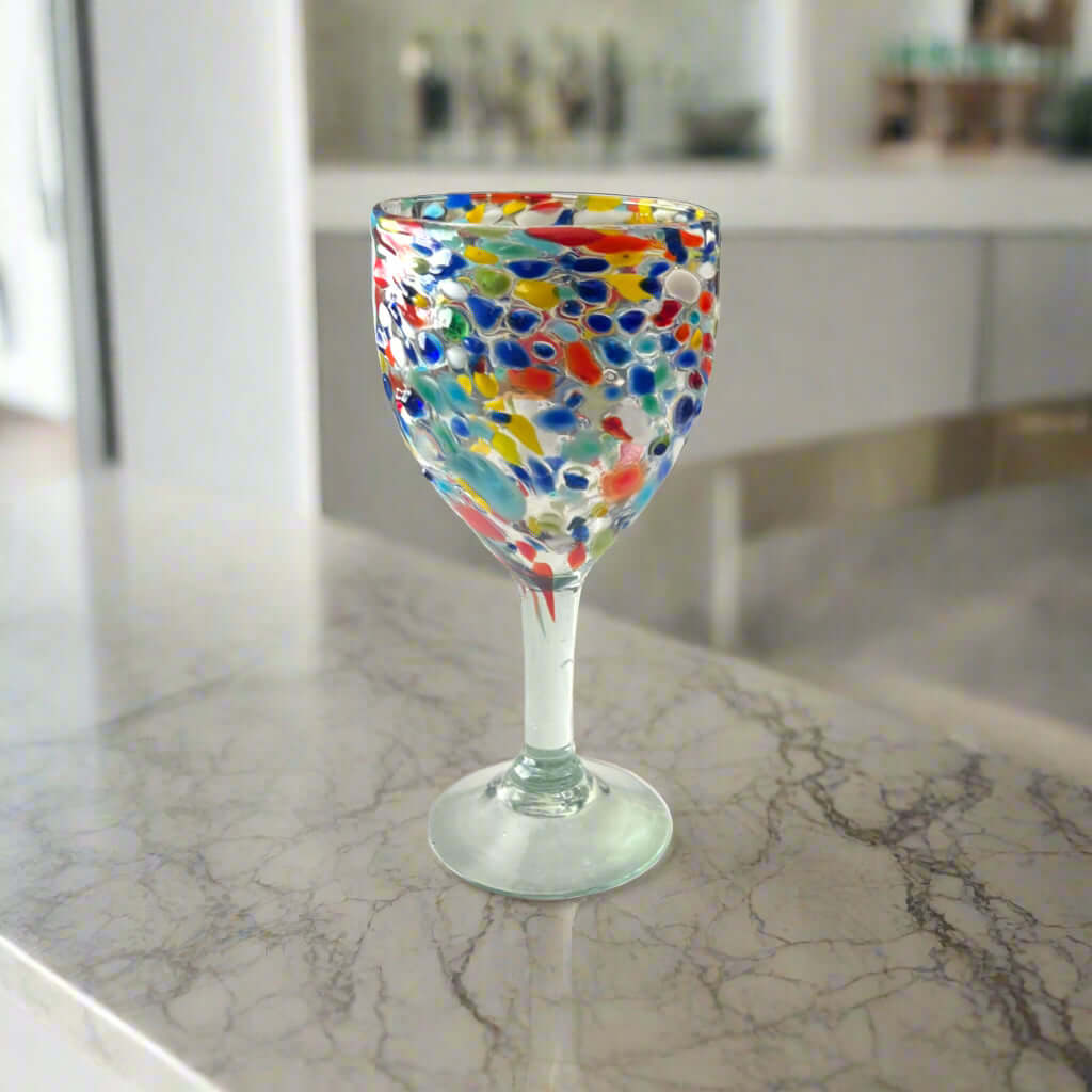 Mexican Confetti Rock Wine Glass | Hand-Blown Confetti Design - hand-blown lead-free glass wine glass with colorful confetti pattern