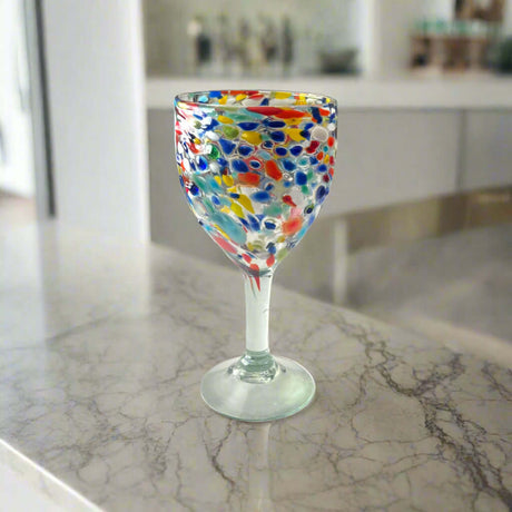 Mexican Confetti Rock Wine Glass | Hand-Blown Confetti Design - hand-blown lead-free glass wine glass with colorful confetti pattern