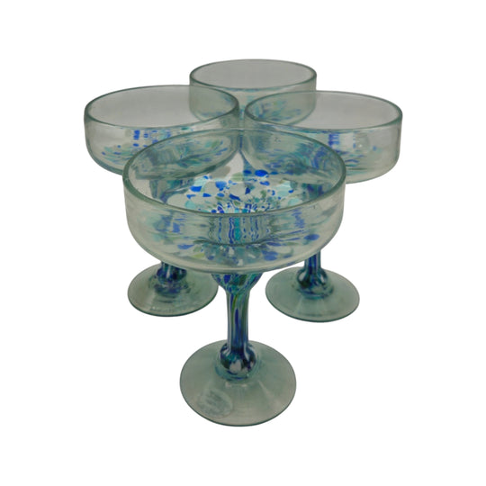 Hand-Blown Mexican Margarita Glass | Blue Green Confetti set of four