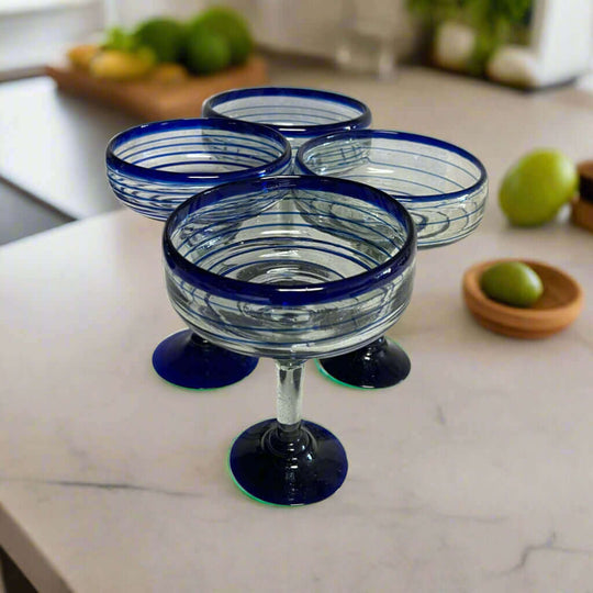 Mexican Margarita Glass | Hand-Blown Blue Swirl Cocktail Cup - set of four hand-blown lead-free glasses with cobalt blue swirl accents