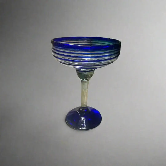 Mexican Margarita Glass | Hand-Blown Blue Swirl Cocktail Cup - hand-blown lead-free clear glass with cobalt blue swirl and wide rim