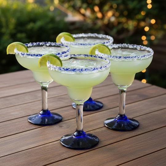 Hand-Blown Mexican Margarita Glass | Classic Cobalt Rim with drinks and lime wedges