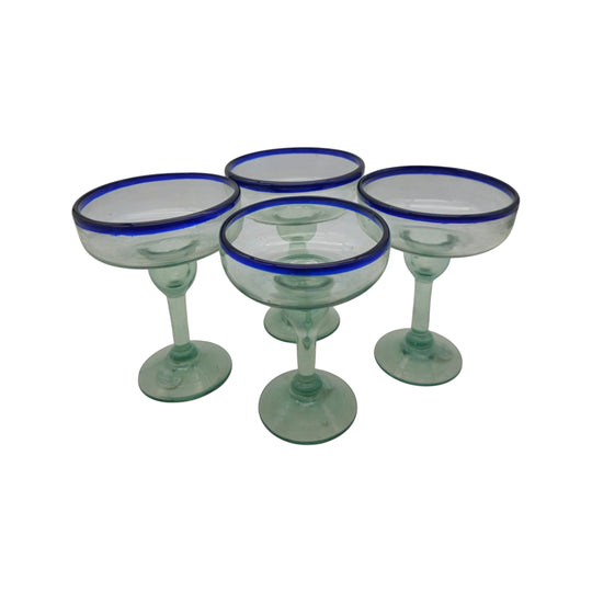 Hand-Blown Mexican Margarita Glass | Classic Cobalt Rim set of four