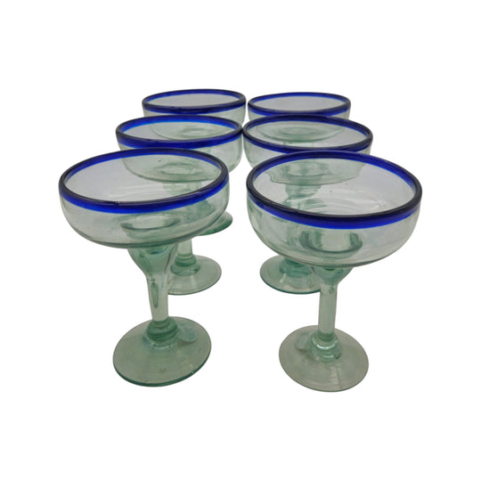 Hand-Blown Mexican Margarita Glass | Classic Cobalt Rim set of six