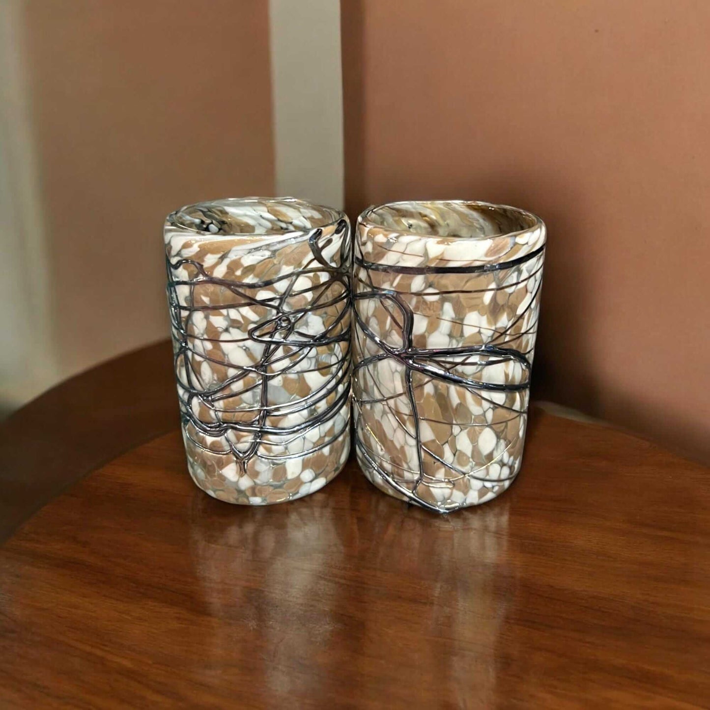 Hand-Blown Mexican Drinking Glass | Brown & White Mocha Mix Glassware - pair of hand-blown brown & white mocha swirl glasses from Guanajuato artisans
