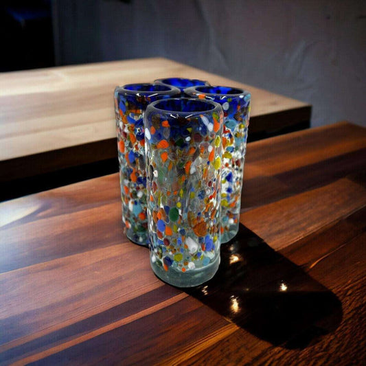 Hand Blown Mexican Shot Glass | Blue Rim Confetti Double Shot Glass